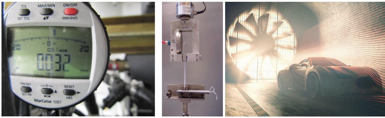 measurements wind tunnel, water tunnel, prototype tests, tensile tests, material tests